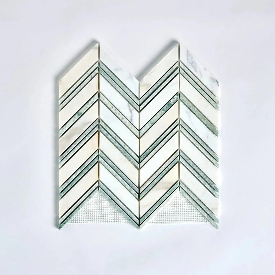 Calacatta Gold Marble Mosaic Large Chevron with Ming Green Accents Stone.