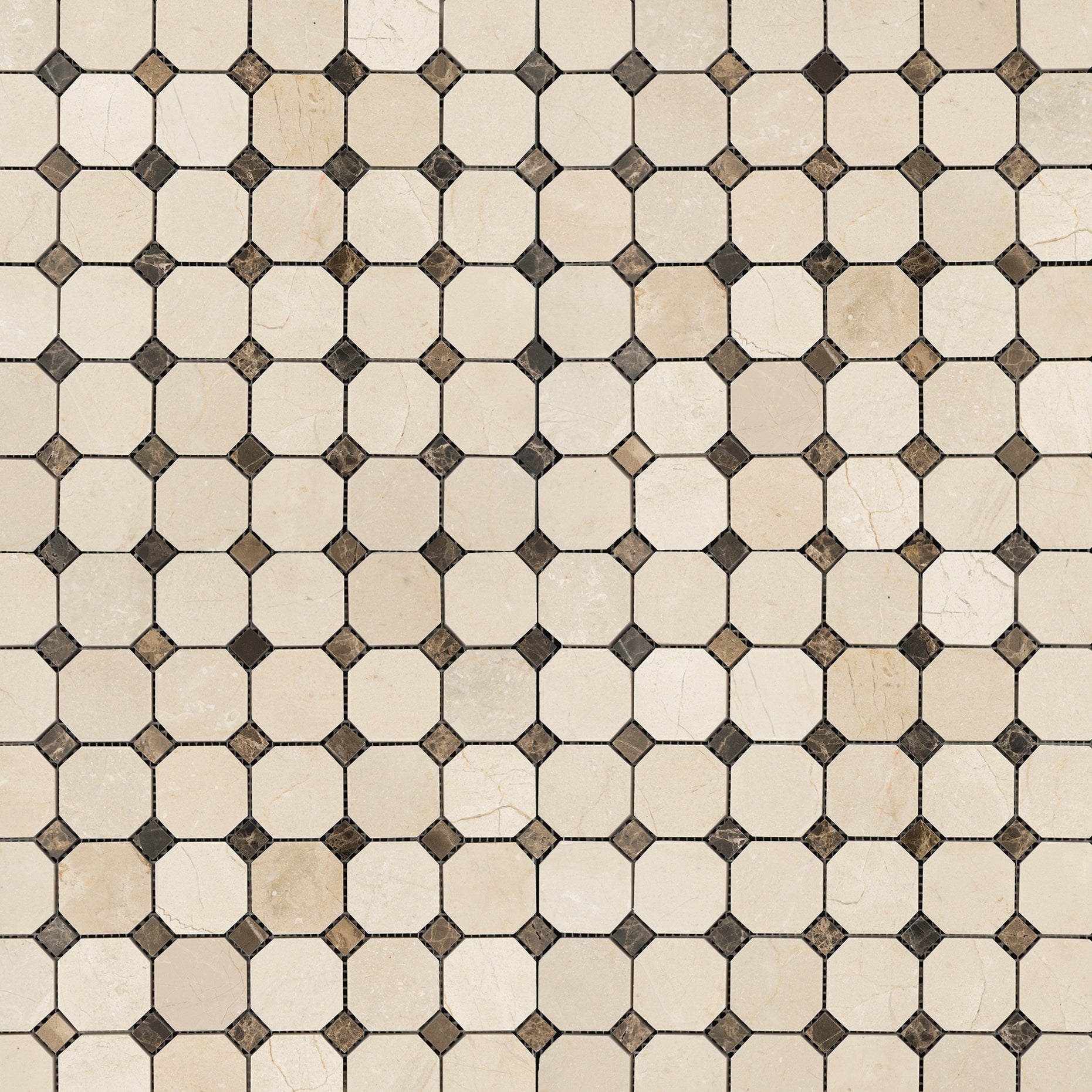 Crema Marfil Marble Octagon with Emperador Polished Mosaic