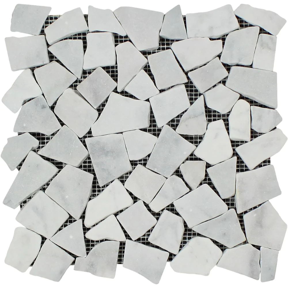 White Carrara Marble Flat Pebble Paledian Random Broken Mosaic Tiles.