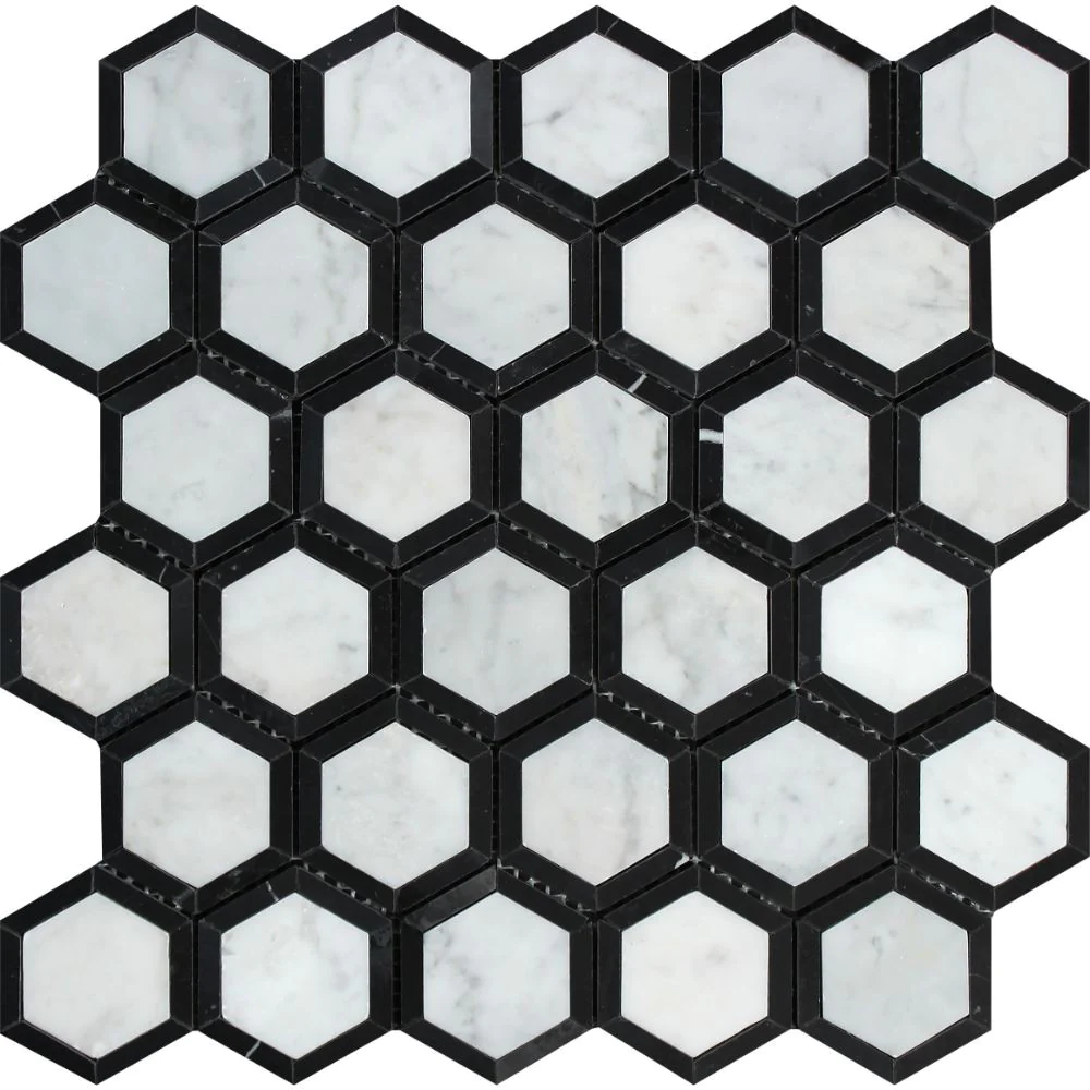 Carrara White Vortex Hexagon Black Backsplash Wall Tiles.
