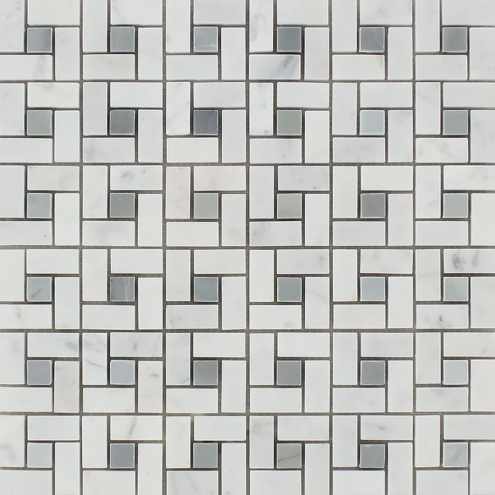 Calacatta Cressa Basketweave with Blue Marble Polished Tiles.