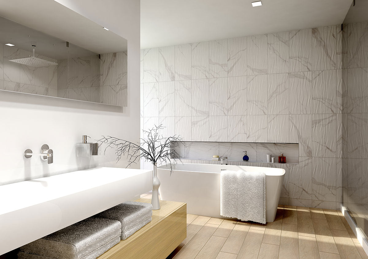 Dymo Statuary White Wavy 12x24 Glossy Ceramic Wall Tiles