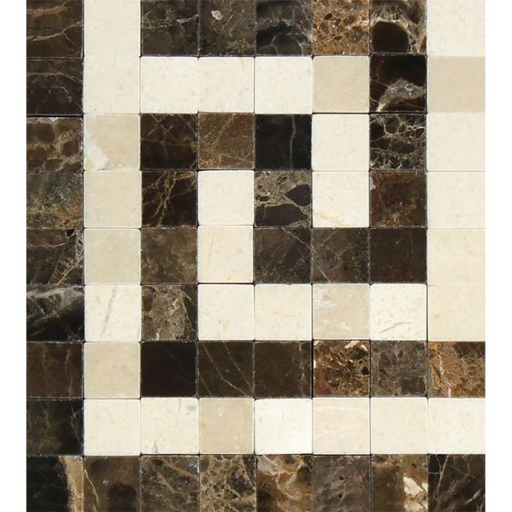 Crema Marfil Greek Key Border Corner with Emperador Dark Tiles.
