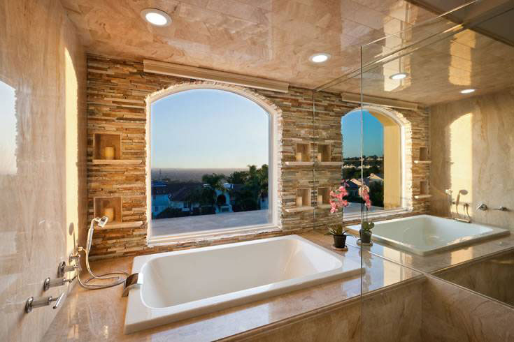 Golden White quartzite bathroom installation