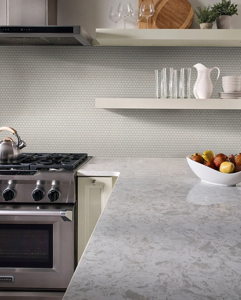 Gray Glossy Penny Round Mosaic Tile backsplash in kitchen