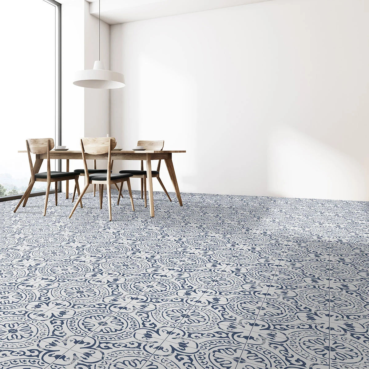 Indigo Encaustic Tile flooring in dining room