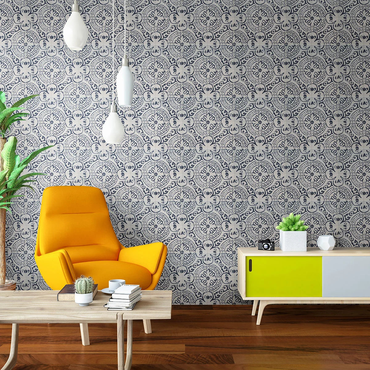 Indigo Encaustic Tile wall in living room