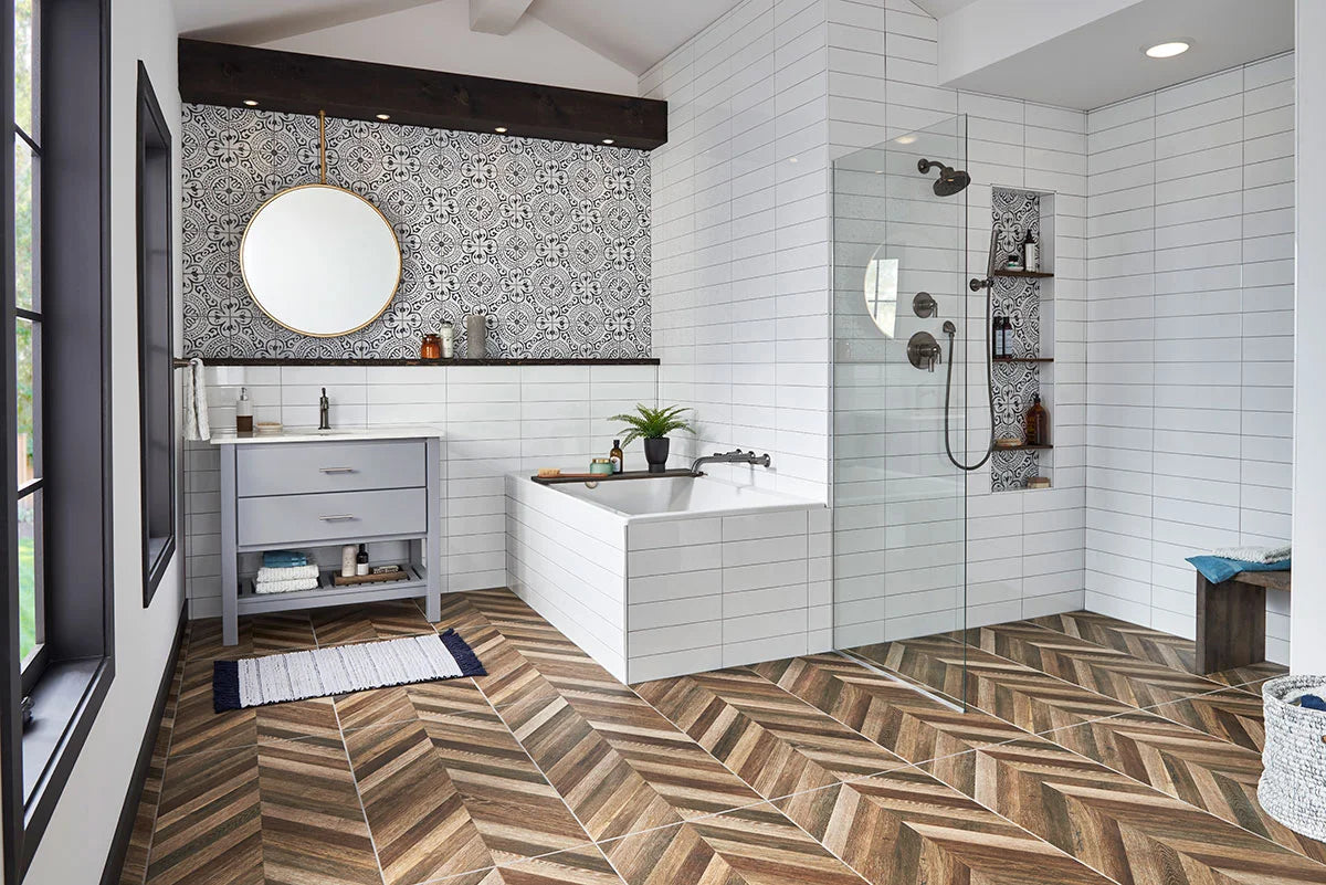 Paloma Encaustic Tile wall in bathroom