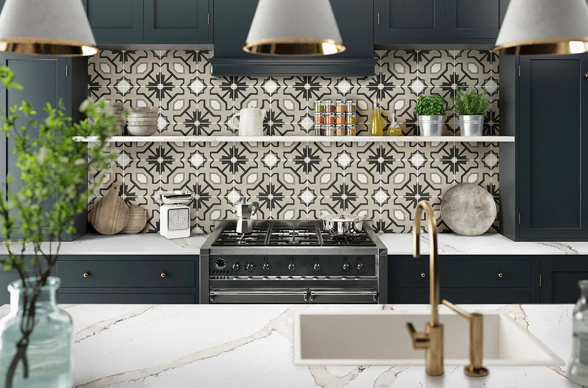 Tahari Encaustic Tile backplash in kitchen