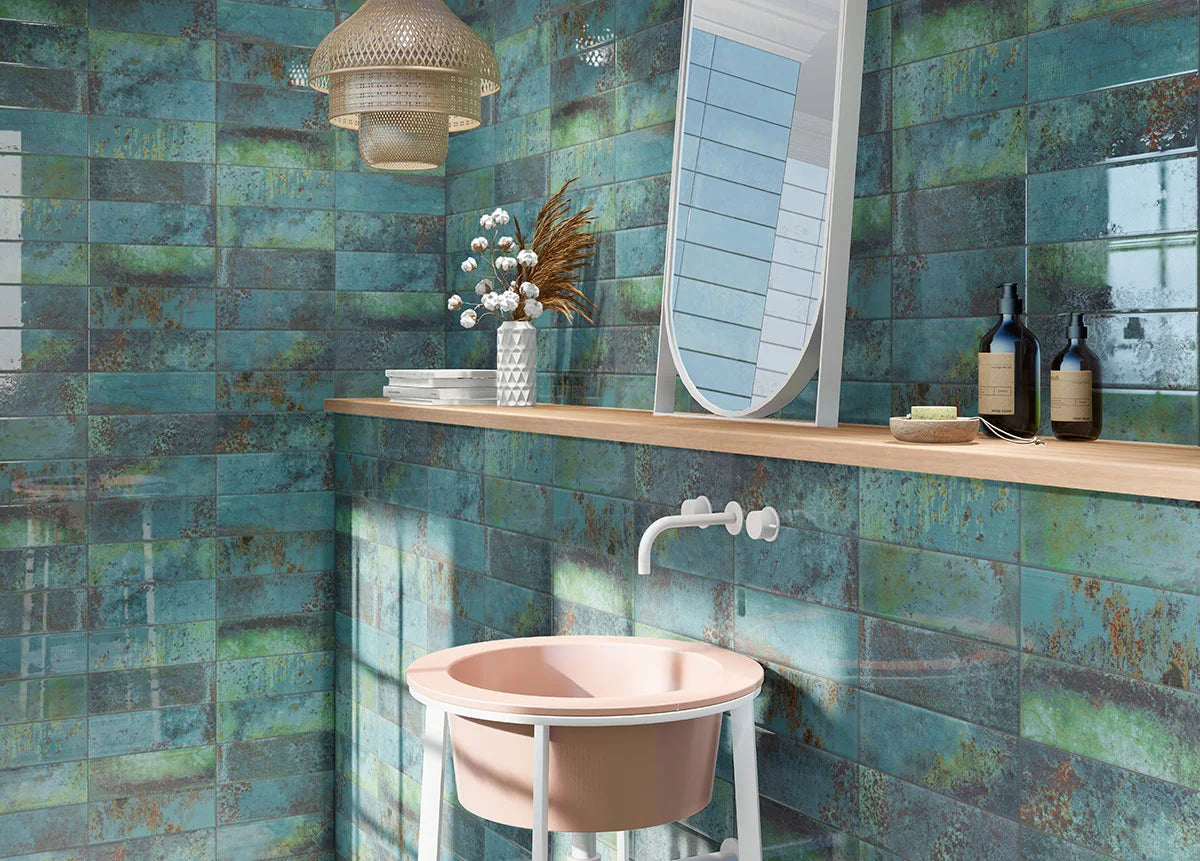 Marza Aqua Subway Tile wall in bathroom