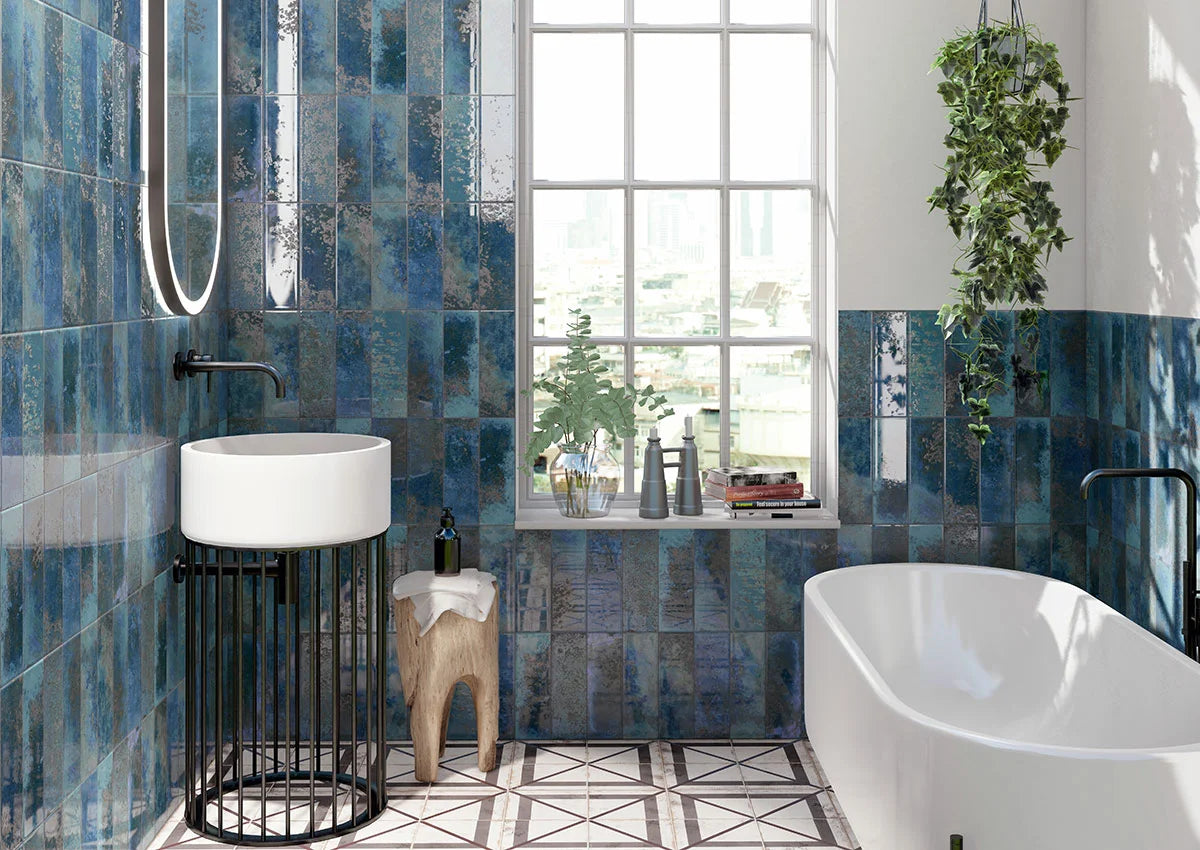 Marza Cobalt Subway Tile wall in bathroom