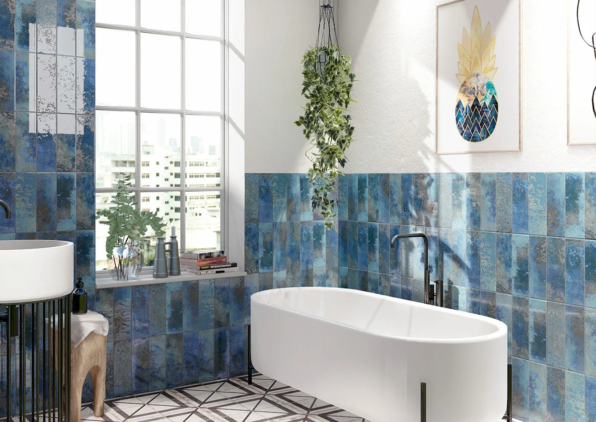 Marza Cobalt Subway Tile wall in bathroom