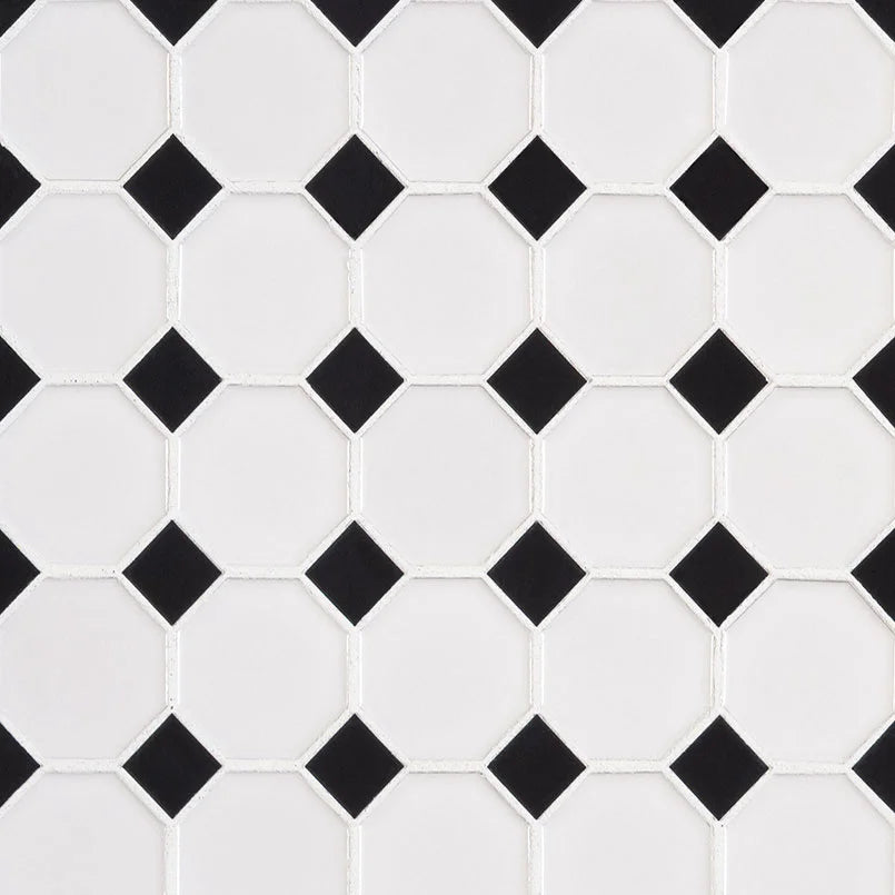 White and Black Glossy Octagon 6mm Porcelain Mosaic Tile – Retro-Inspired Floor & Wall Tile for Backsplashes, Showers & Bathroom Floors