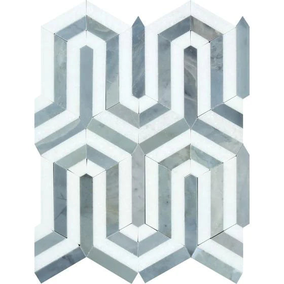 Thassos White Mosaic Berlinetta with Blue Stripes Honed Marble.