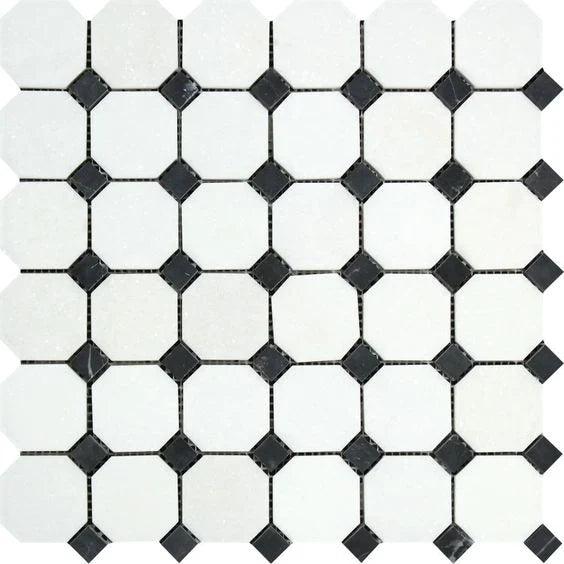 Thassos White Marble with Black Mosaic Tile