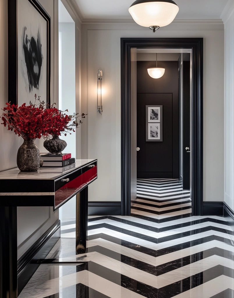 Entryway with black-and-white chevron tile floor, sleek console table, and red floral vase.