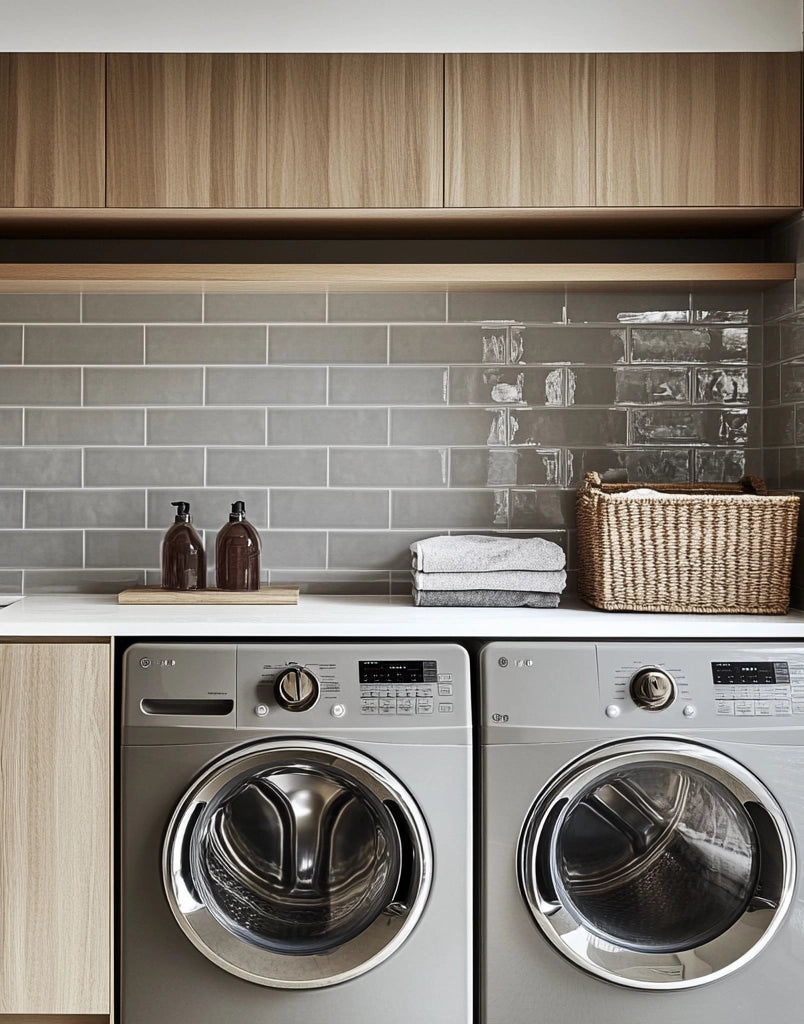 Laundry room with glossy gray subway tile backsplash.