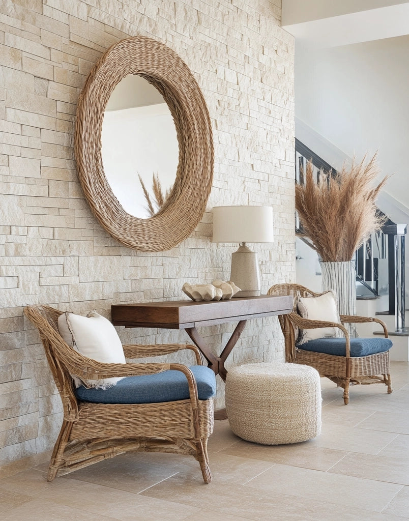 stacked natural stone wall tile, wicker chairs, wooden console, and round mirror.