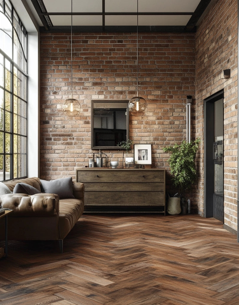 Industrial living room with herringbone wood-look floor tile, exposed brick wall, leather sofa, and console.