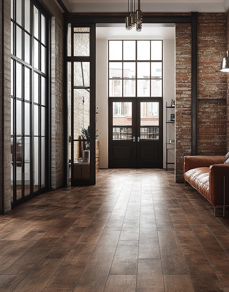 Rustic wood-look plank tile flooring in industrial loft space with brick walls.