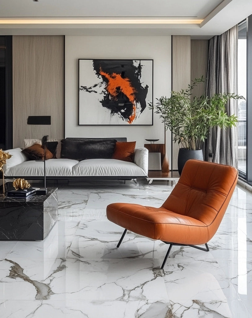 Contemporary lounge with glossy marble-look floor tile.