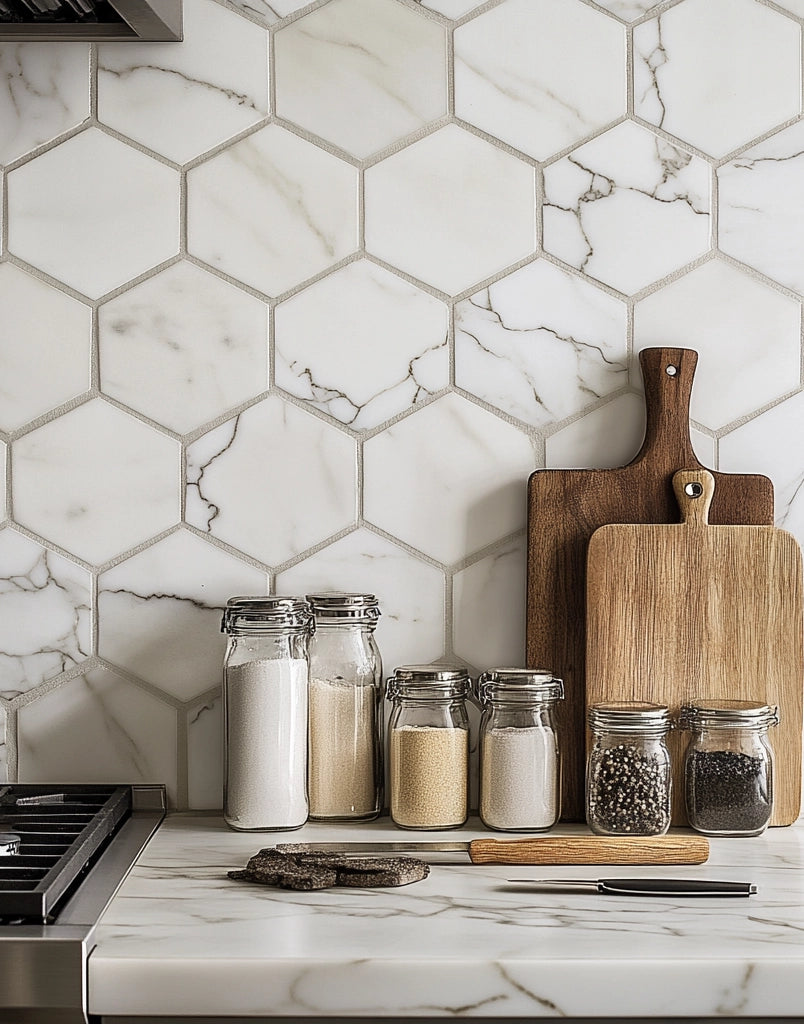 Hexagonal white marble tile backsplash with wooden cutting boards and glass spice jars.