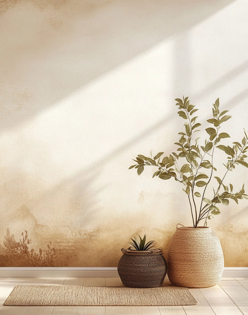 Warm beige color tile wall with woven baskets and leafy accents.