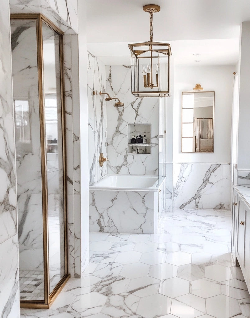 Luxurious bathroom with white marble hex bathroom tile floor and walls, gold fixtures.