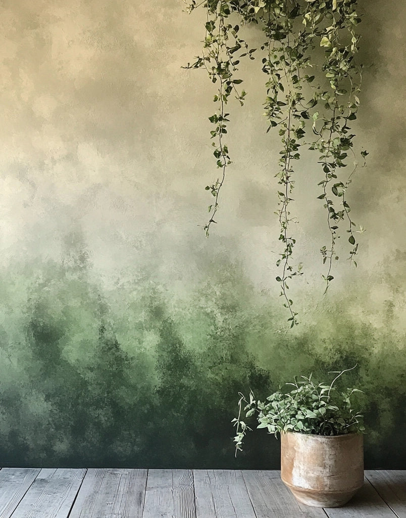Gradient green color tile wall with hanging vine and potted greenery.