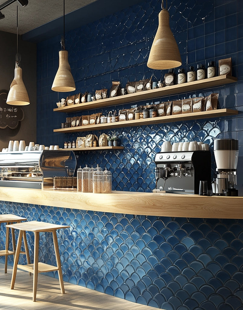 Cafe bar front clad in glossy blue fish scale tile with wooden counter.