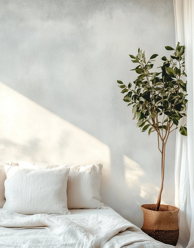 White color tile backdrop with white bedding and potted ficus.