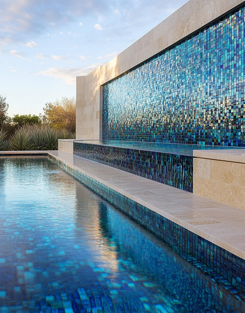 Outdoor blue mosaic pool tile feature wall with waterfall and natural stone deck.