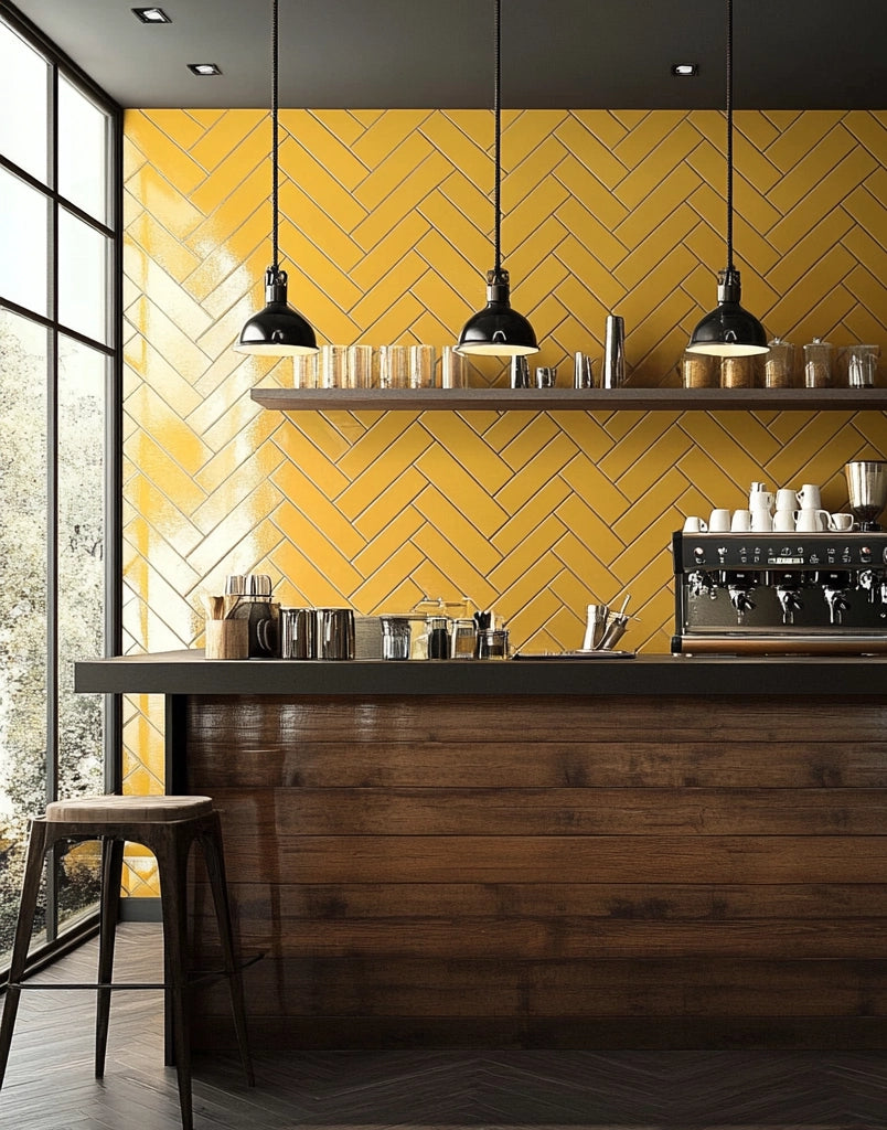 Modern coffee bar with yellow herringbone tile wall.