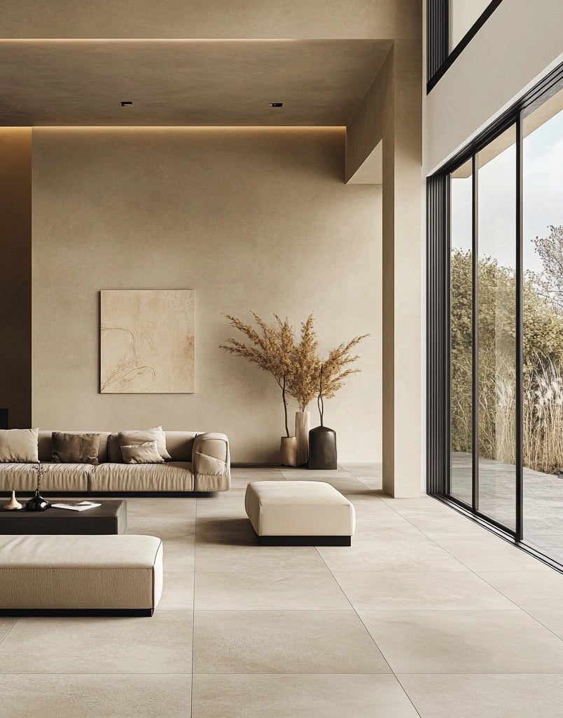 Beige large-format tile floor in minimalist lounge with ottomans and floor-to-ceiling windows.