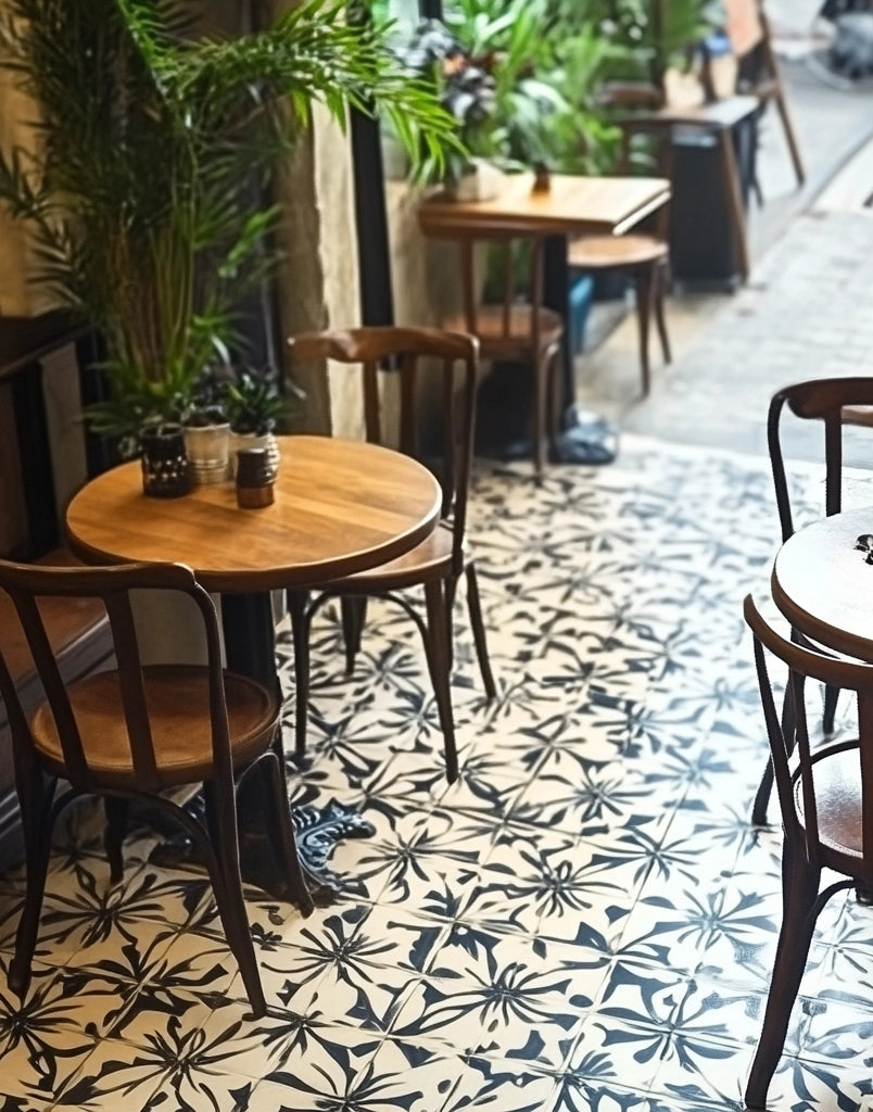 Retro marble-look floor tile in modern lounge with orange chair and abstract art.
