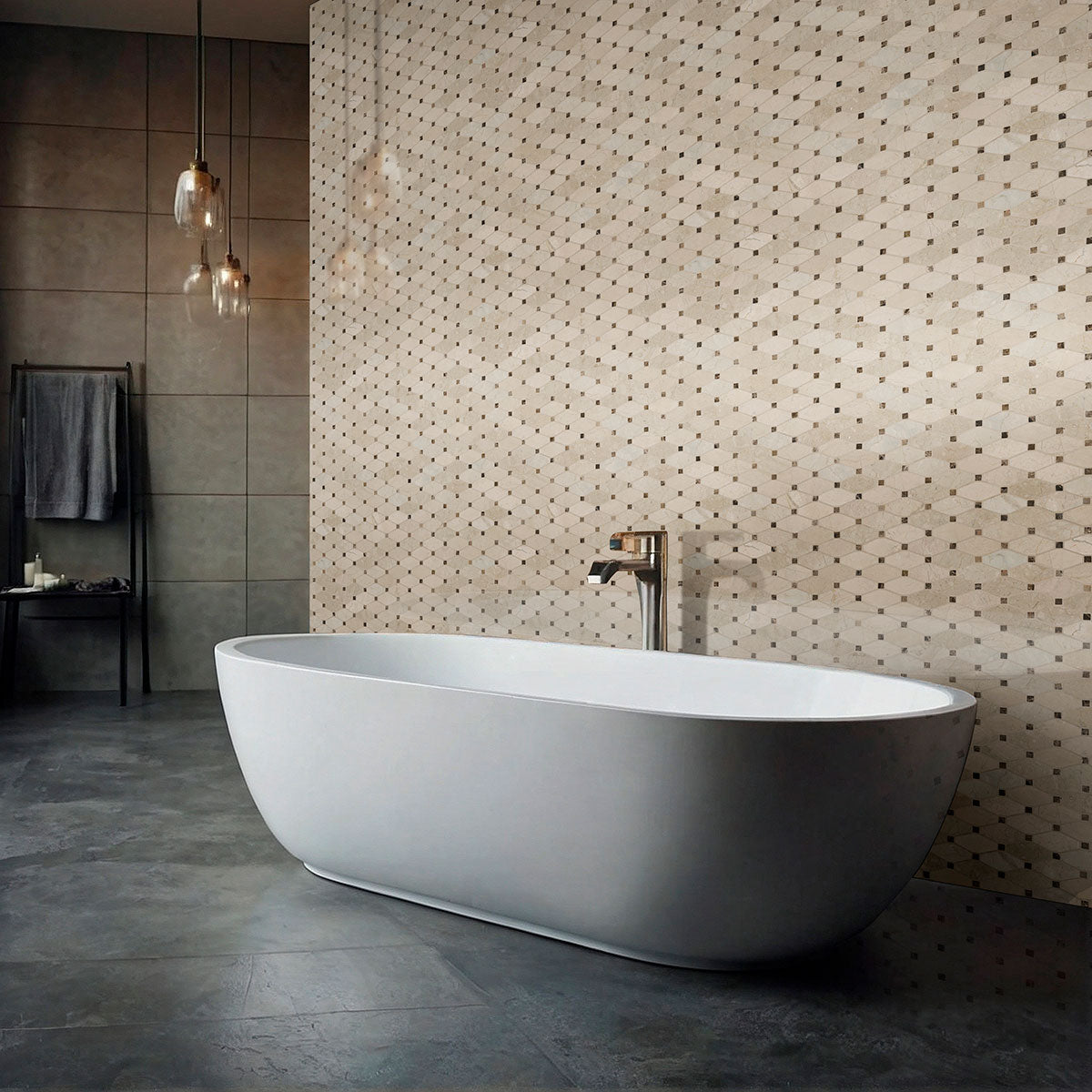 Valencia Blend elongated octagon tile bathroom installation