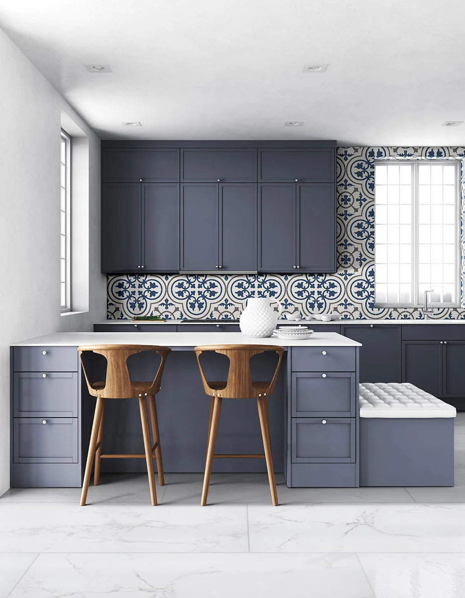 Zanzibar Encaustic Tile backsplash in kitchen