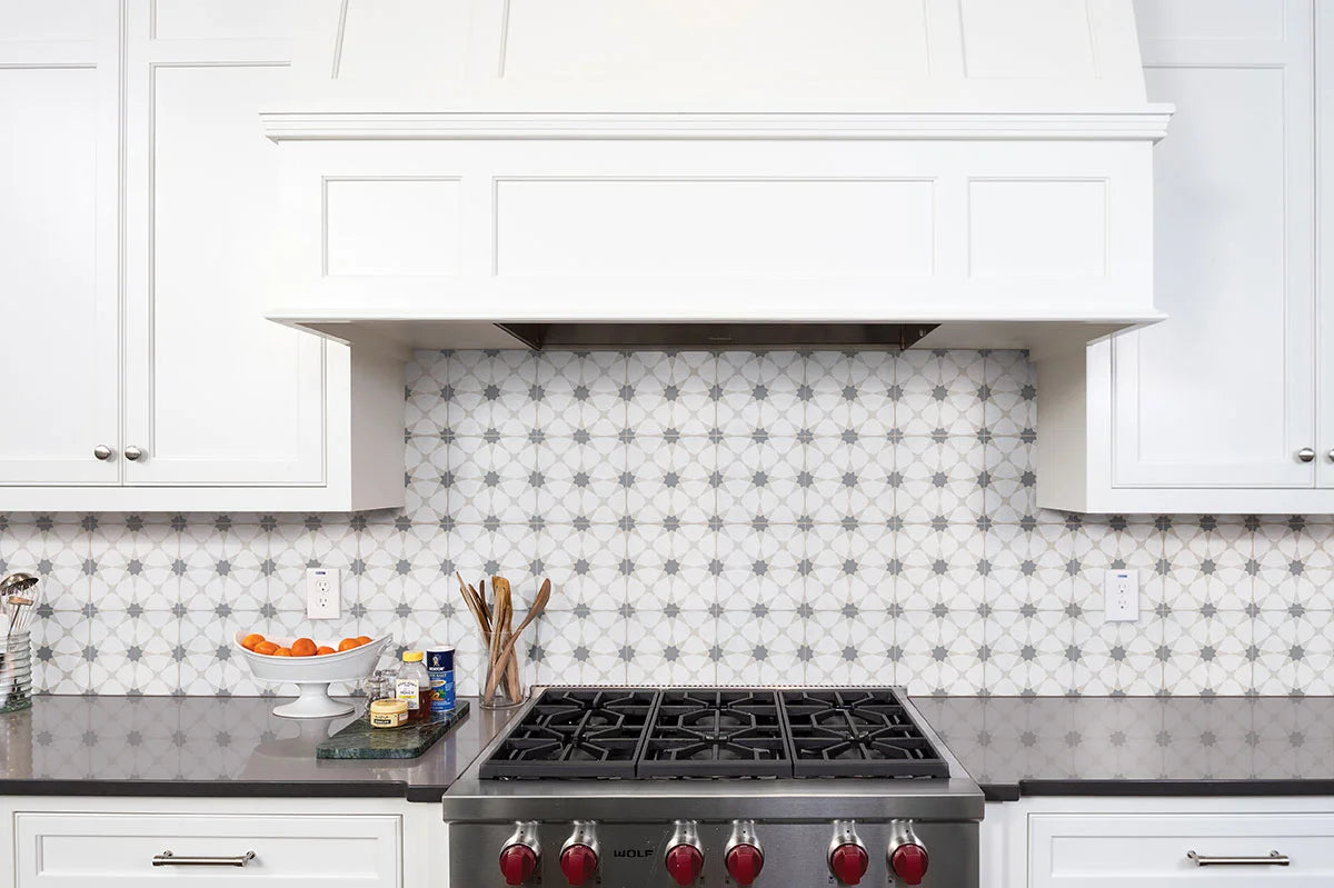 Zoudia Encaustic Tile backsplash in kitchen