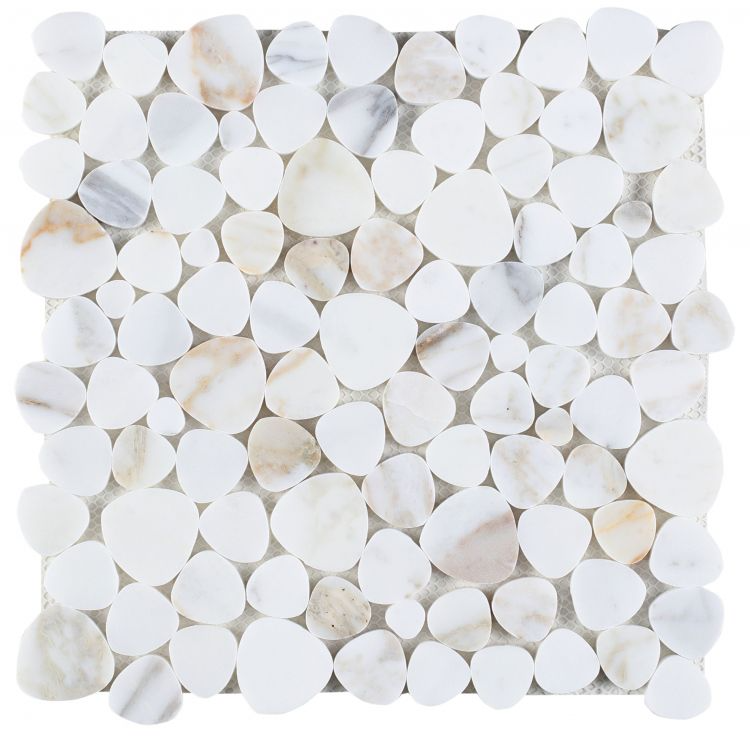 Calacatta Gold Honed Pebble Chip Marble Mosaic.