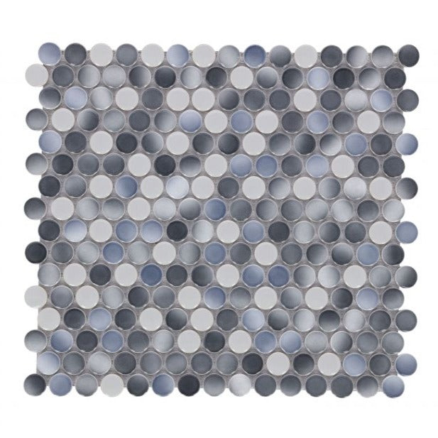 Penny Round Gradient Grey Glossy Tiles.