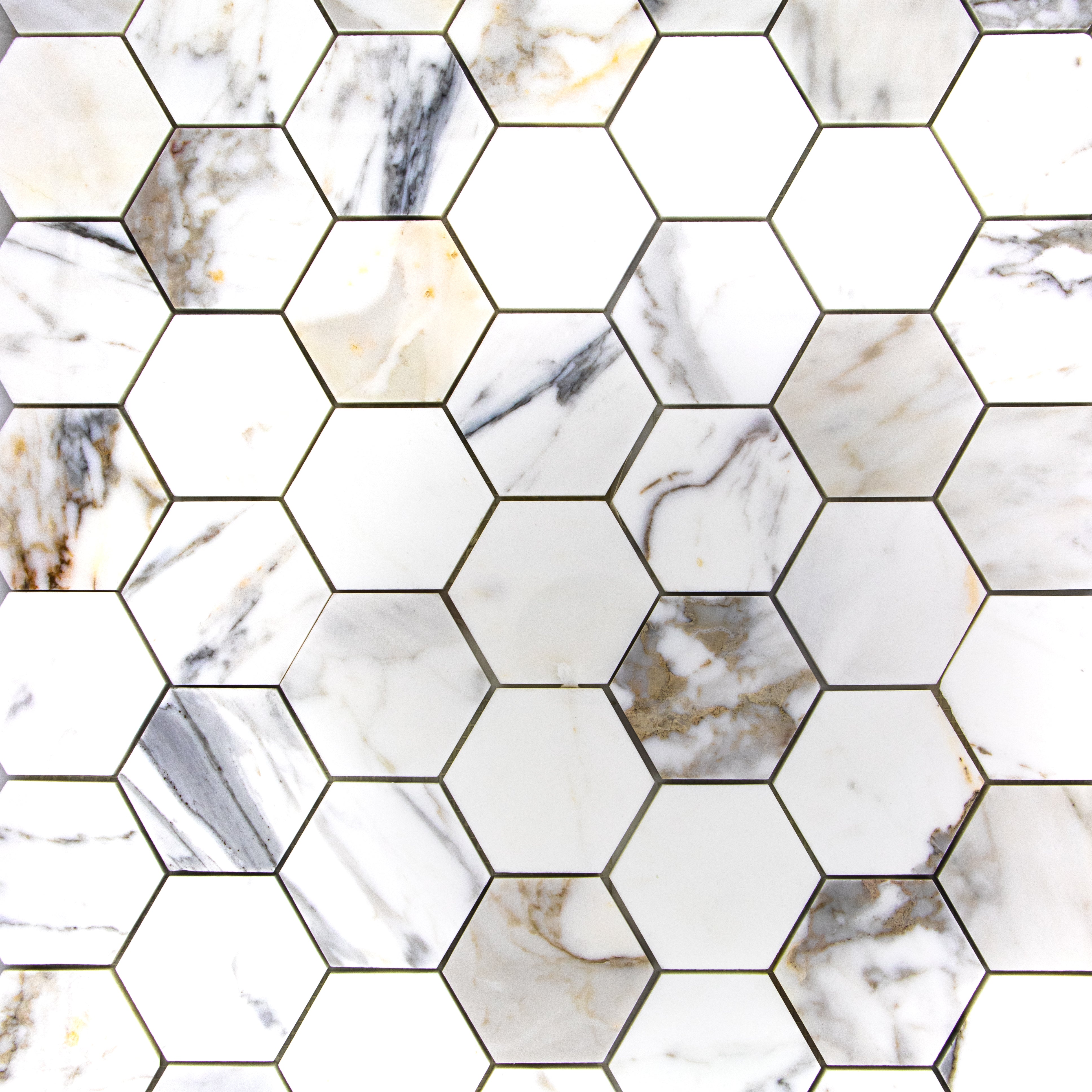 Calacatta Gold Marble Hexagon 3" Mosaic