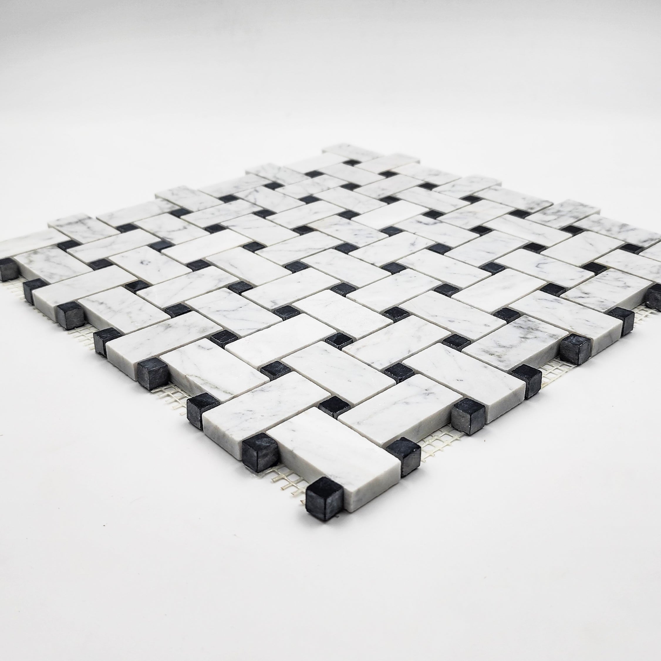 Carrara White Marble Basketweave with Black Dot Mosaic