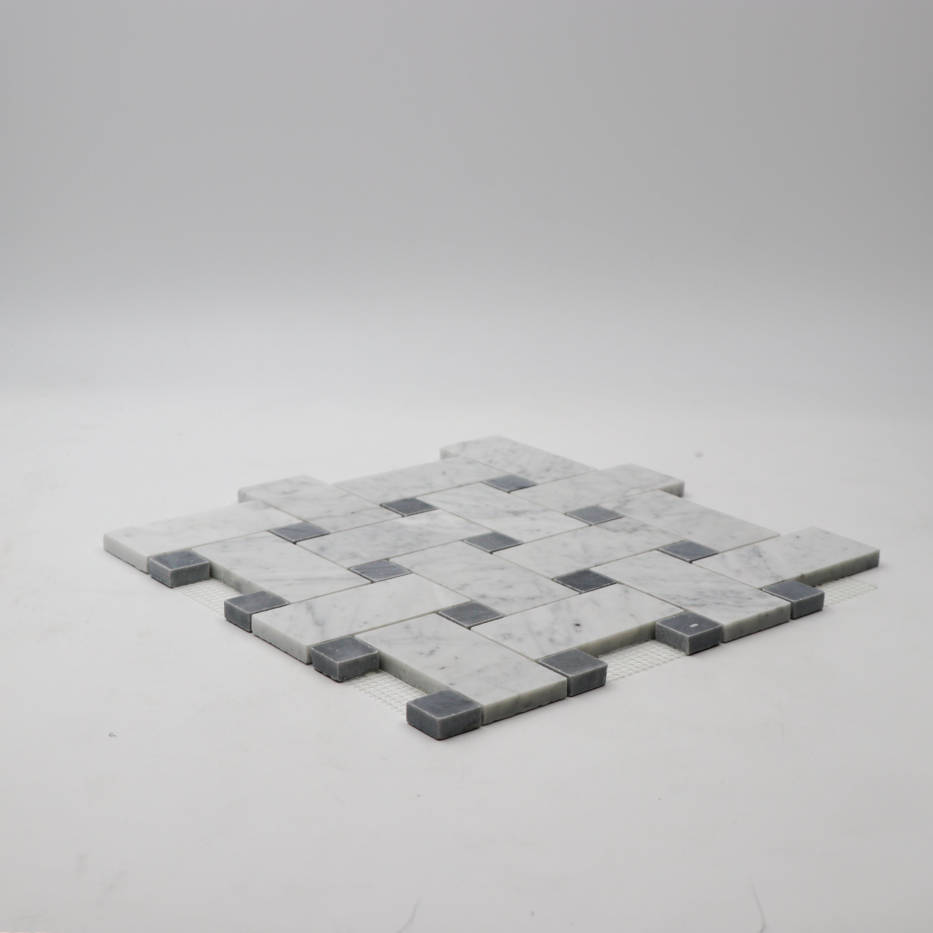 Carrara White Marble Large Basketweave with Grey Dot Mosaic