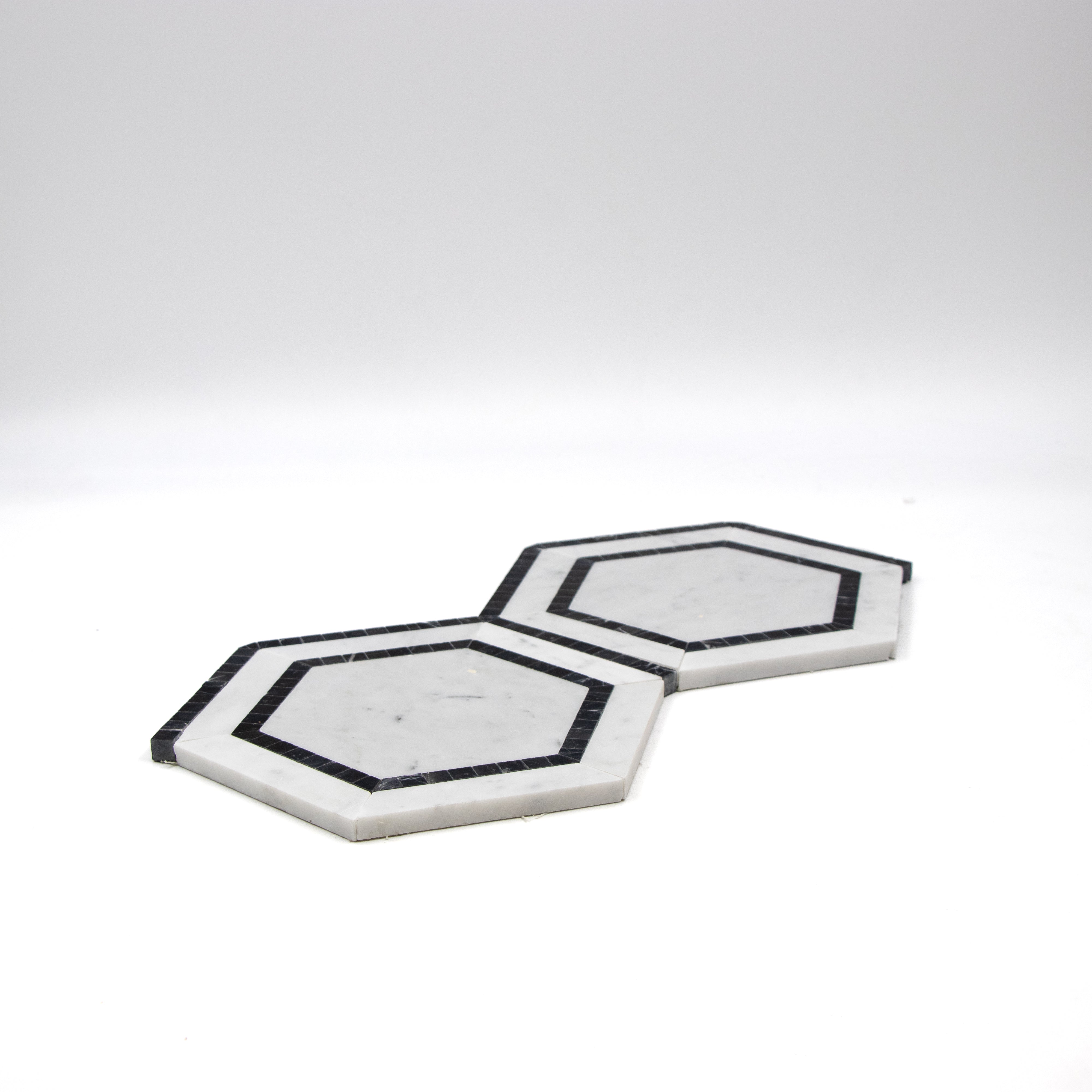 Carrara White Marble Hexagon 5" with Black Border
