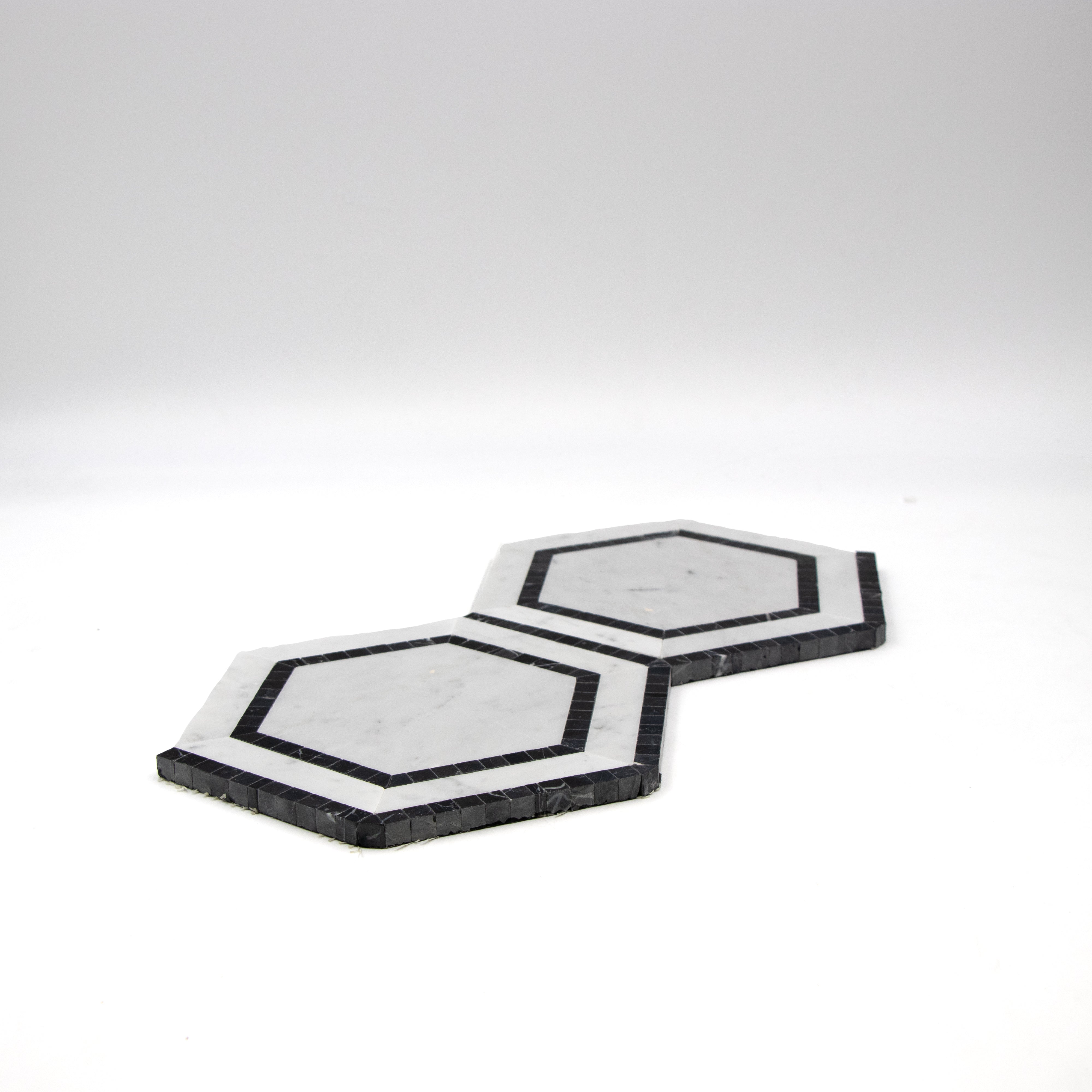 Carrara White Marble Hexagon 5" with Black Border