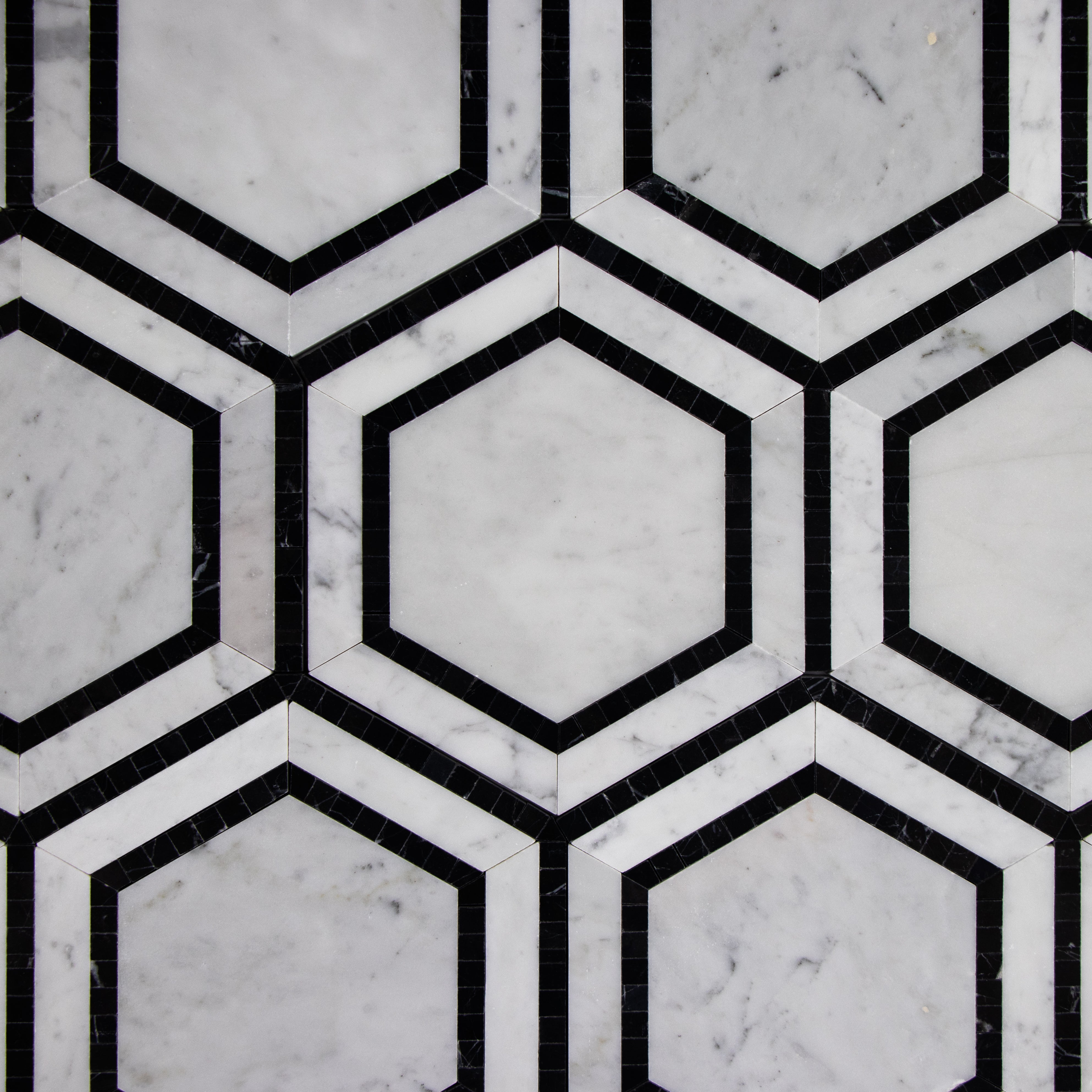 Carrara White Marble Hexagon 5" with Black Border