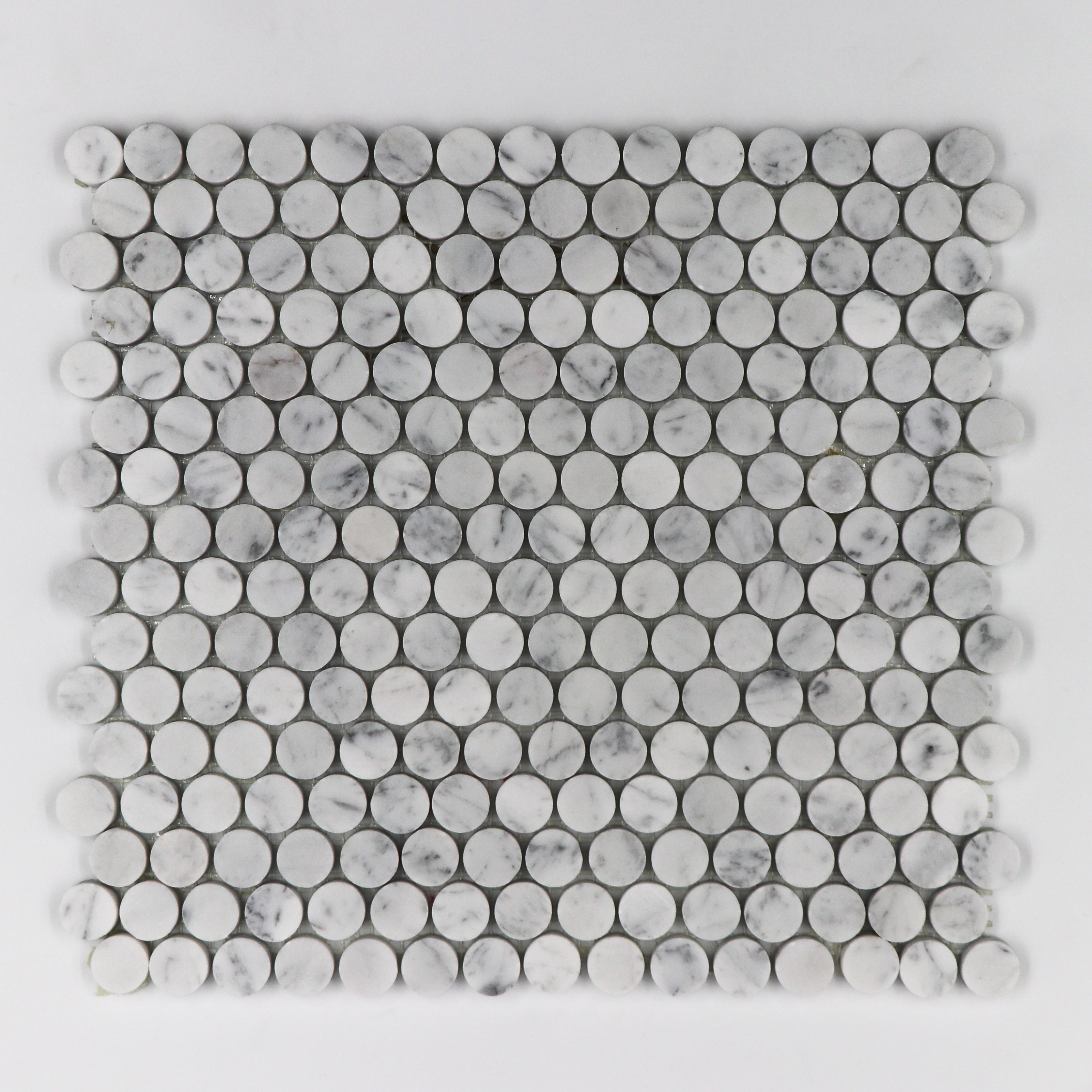 Bianco Carrara Honed Penny Round Tiles.
