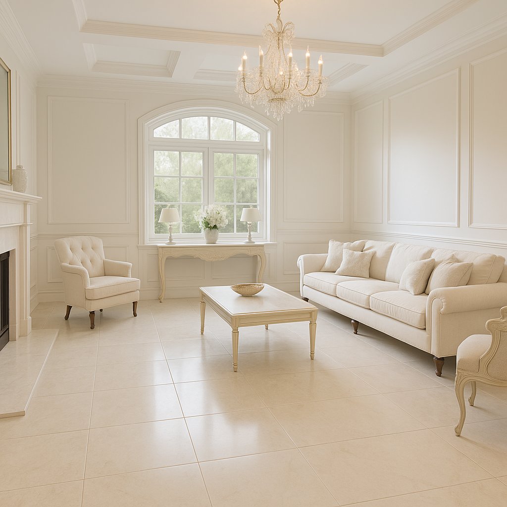 luxury drawing room with white porcelain tile floor and elegant furnishings.