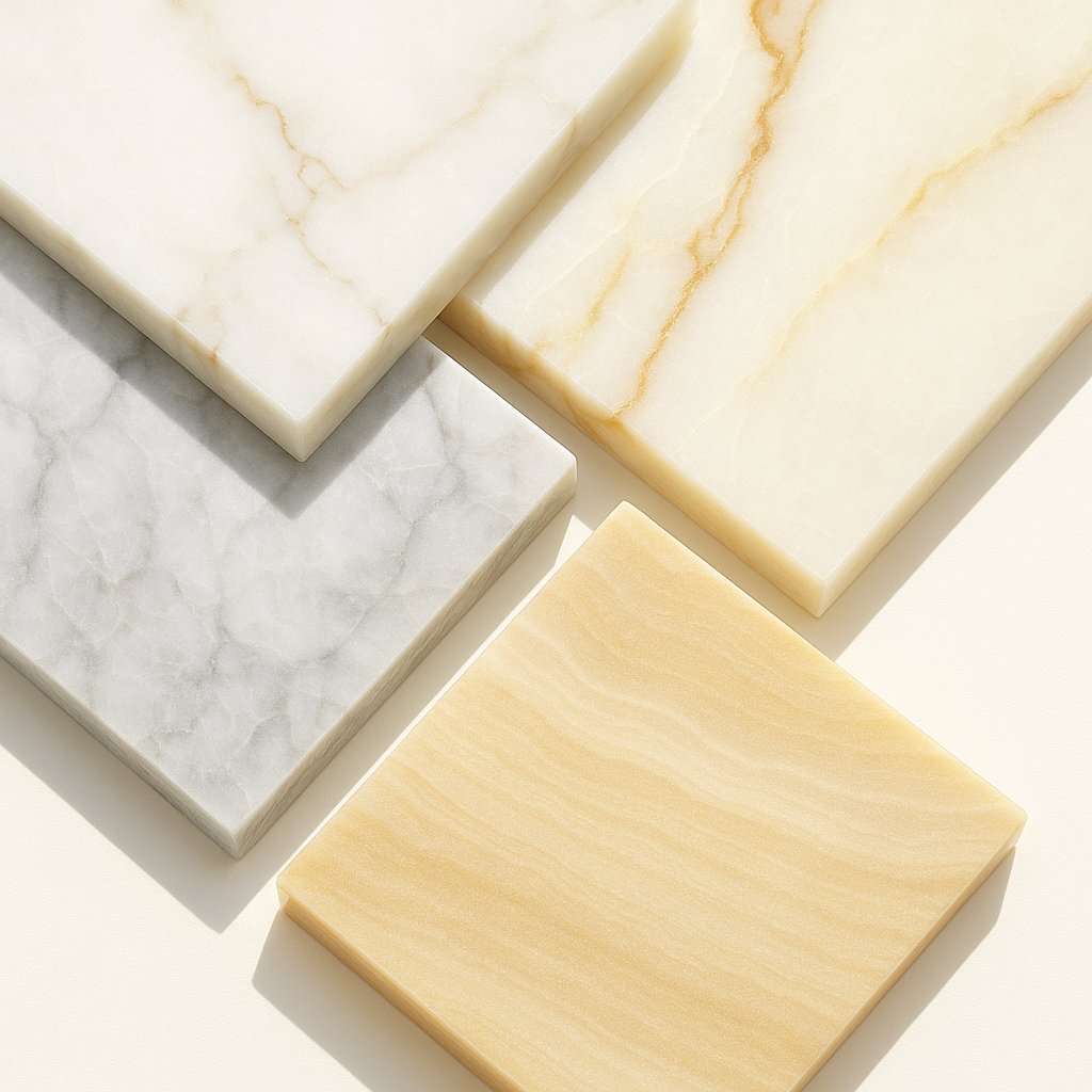 Natural Stone Tile Collection polished marble, quartzite, and sandstone samples on bright background.