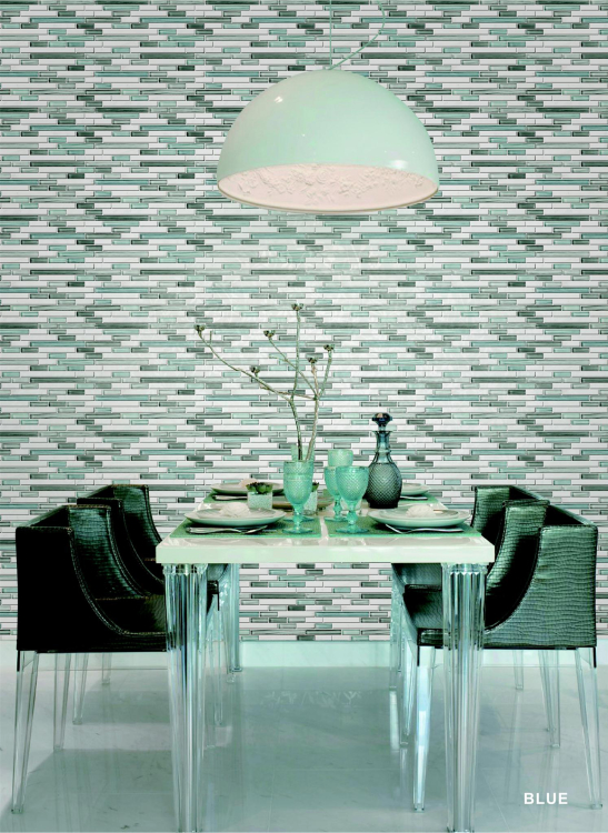 Blue random linear stone mosaic feature wall installation